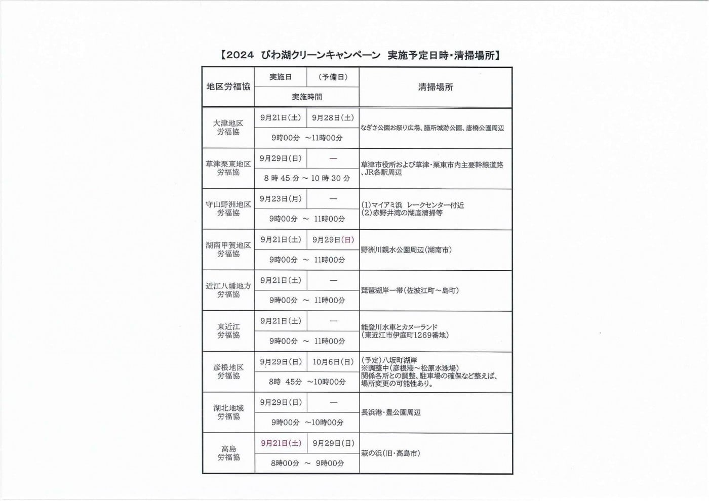 ２０２４びわ湖クリーンキャンペーン実施日時・場所